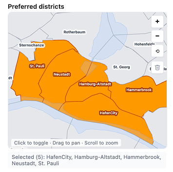 Clickable district map of Hamburg with selected neighbourhoods highlighted in orange