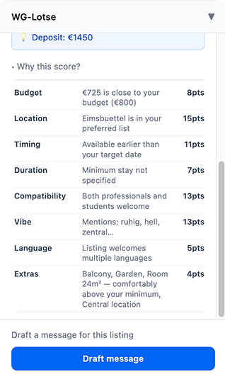 WG-Lotse score breakdown showing individual criteria like budget, location, timing and compatibility